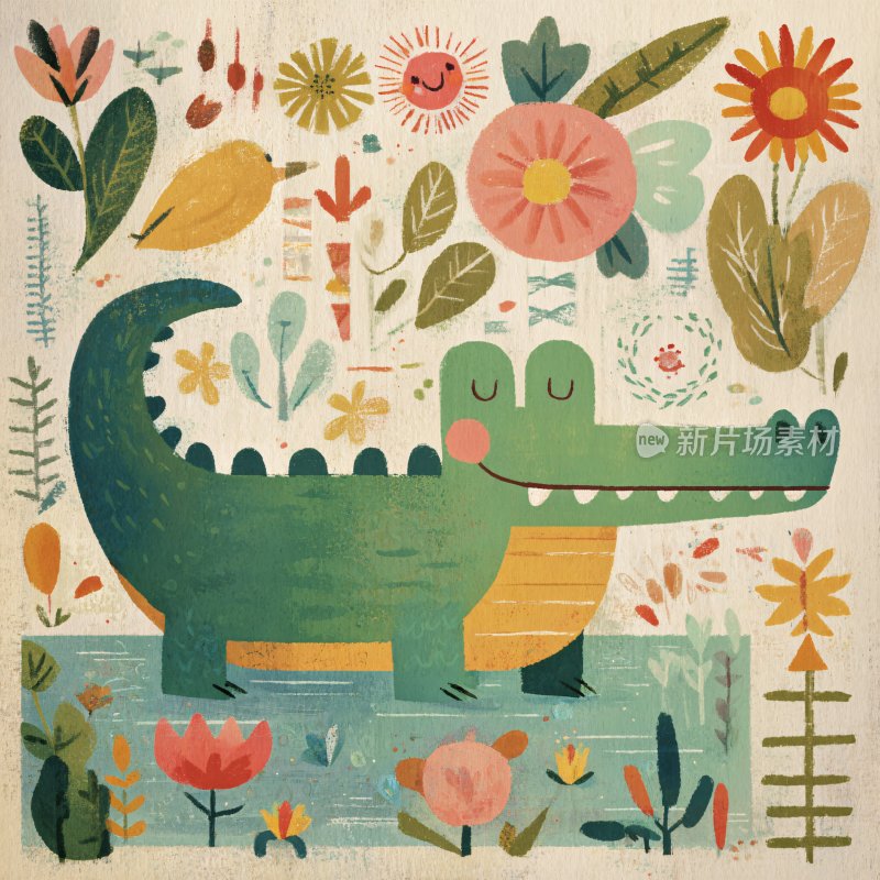 卡通鳄鱼与花草插画