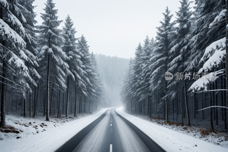 雪路两边都是树木和雪高清风景图片