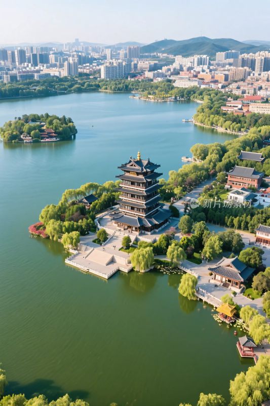 古塔湖泊城市风光