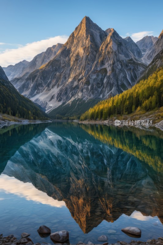 山倒映在有岩石和水的湖中高清风景图片