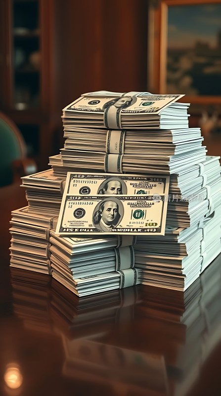 百元美钞堆叠财富象征