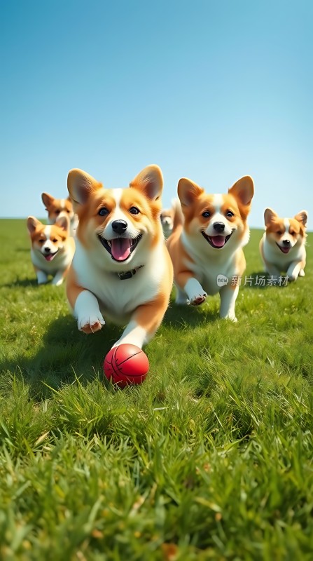 草地上的快乐柯基犬追逐红色球