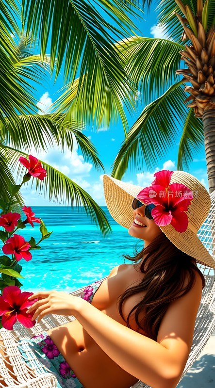 阳光下的热带风情椰林花影中的悠闲时光