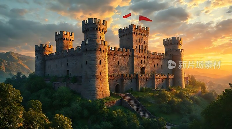 日落下的古老城堡旗帜飘扬在塔顶
