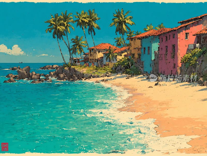 海边彩色房屋与椰树风景