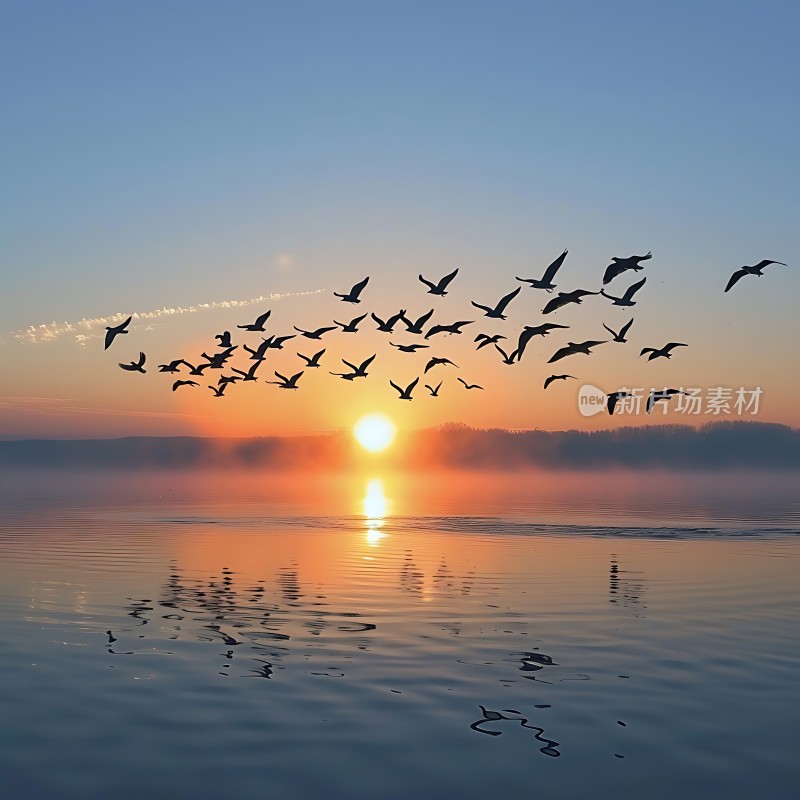 日出时分的鸟群剪影