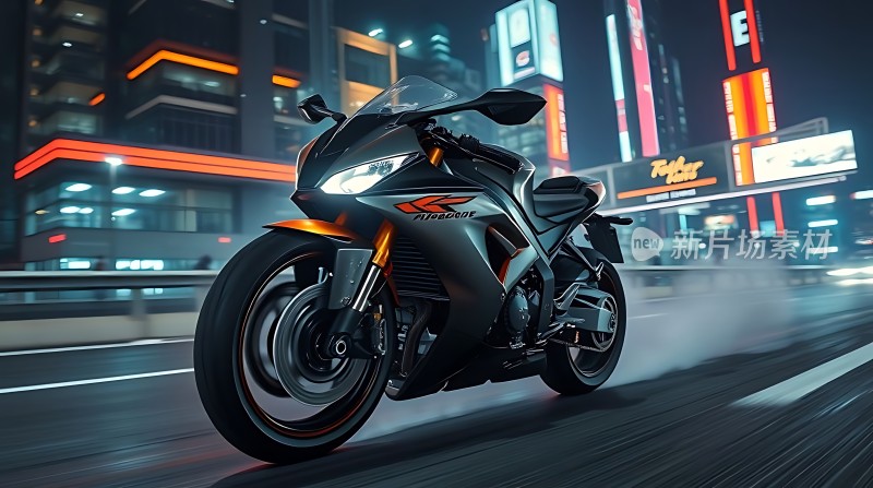 黑色摩托疾驰夜色都市