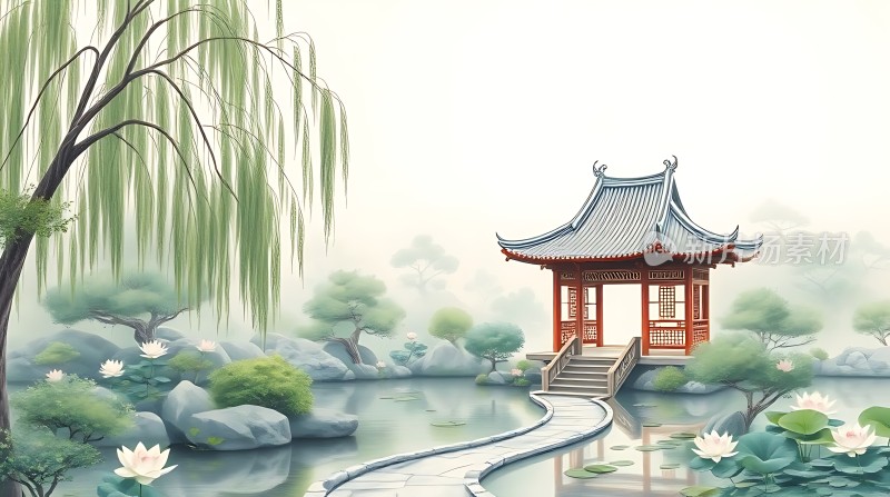 湖畔小亭柳垂波