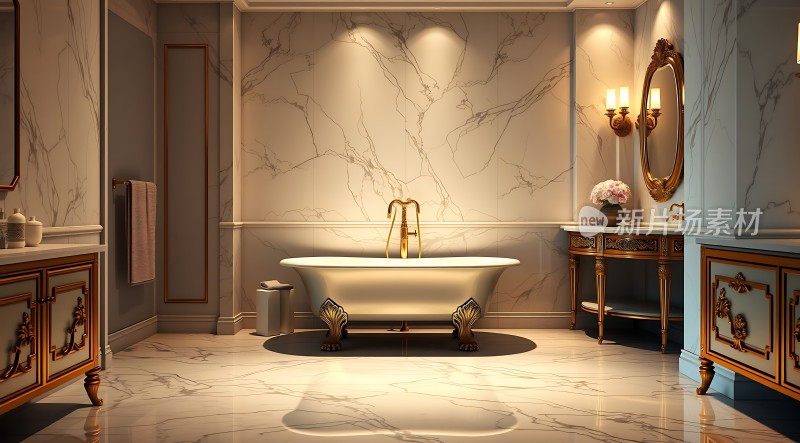 大理石浴室金色浴缸与洗手台奢华装饰