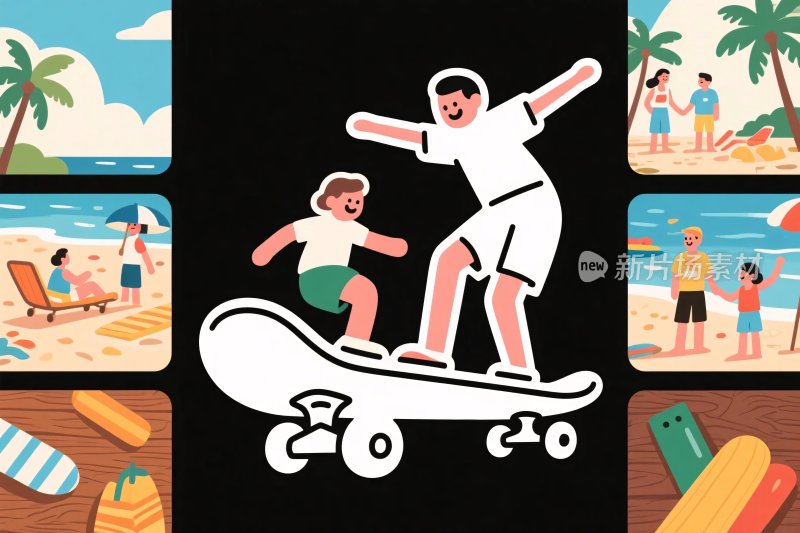 滑板卡通海滩插画