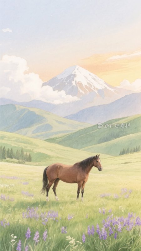 草原上的骏马与远山美景