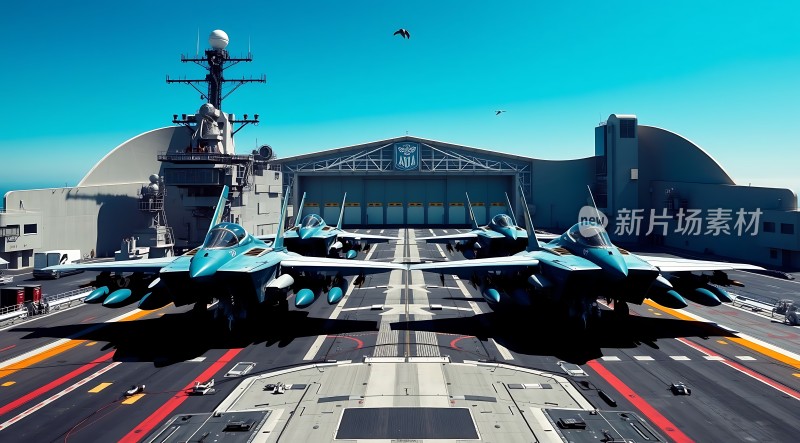 航母甲板上的蓝色战斗机