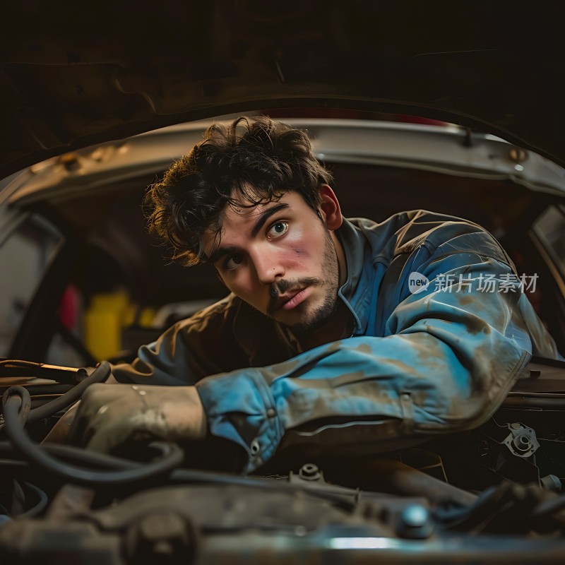 修车工人在发动机前专注工作