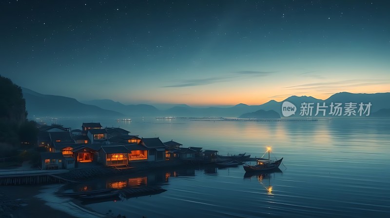 湖畔夜色灯火阑珊映水乡