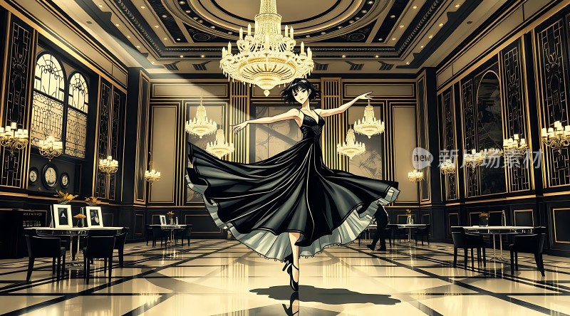 黑裙舞者华丽大厅中的优雅瞬间
