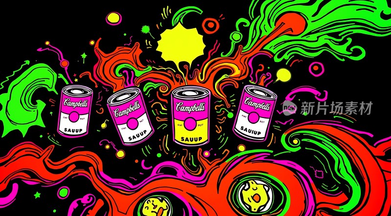 彩色画笔下的坎贝尔汤罐艺术创作