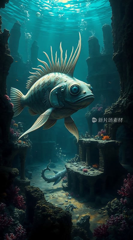 深海巨鱼探秘水下遗迹