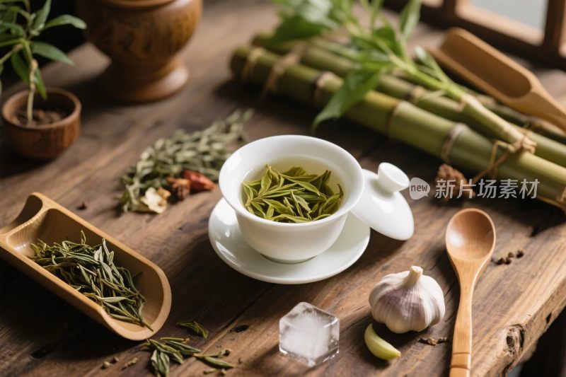 草本植物与茶杯摆设场景