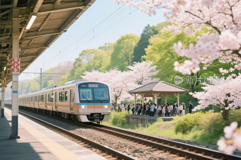 樱花风景中的火车站台