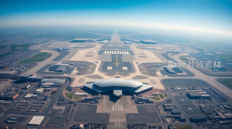 蓝天下的现代机场鸟瞰图