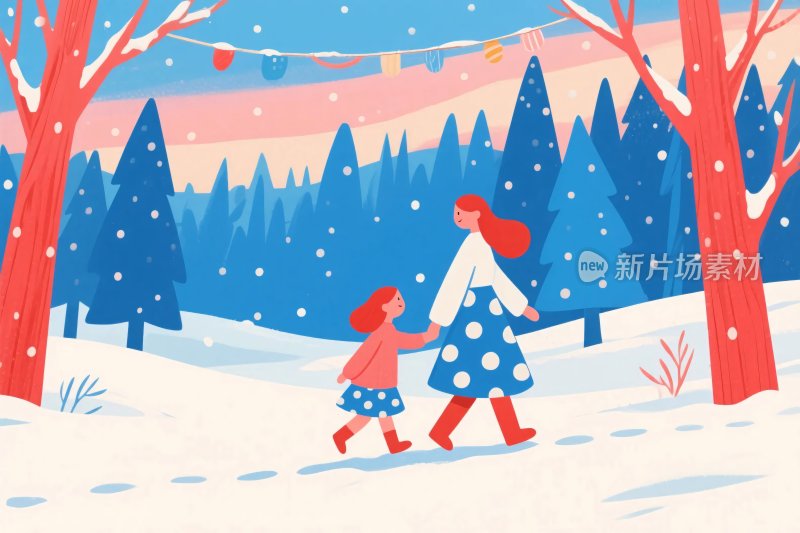 冬日亲子雪景插画