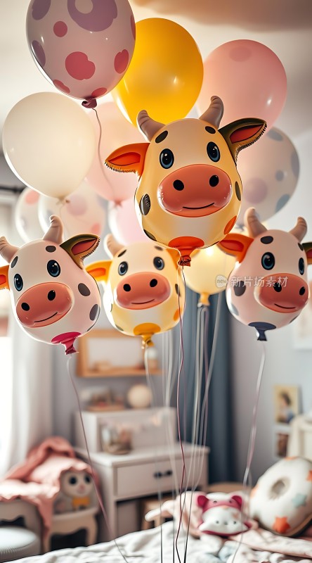 卡通牛气球派对场景