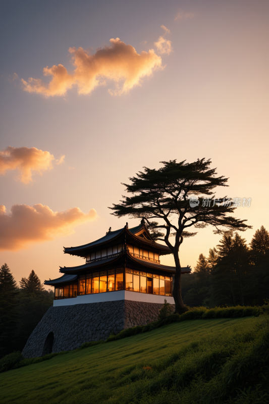 一座建筑顶部一棵树高清风景图片