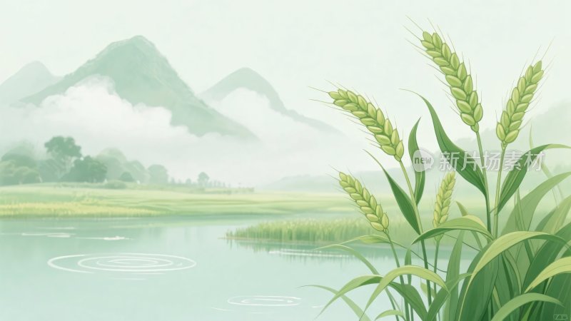 田园麦穗山水插画风景
