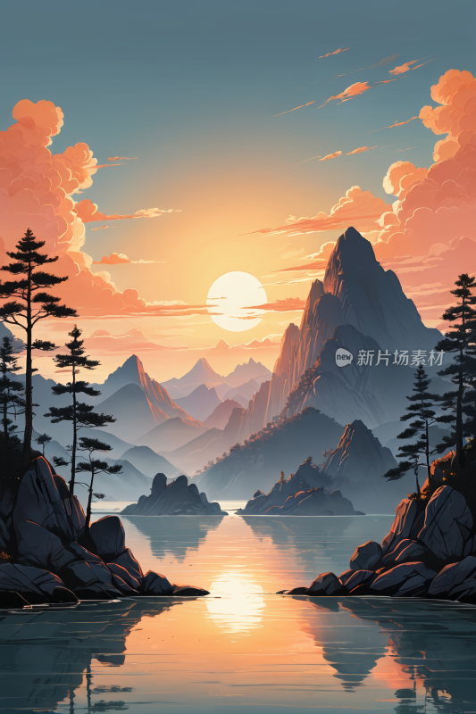 一山一树的美丽风景高清插画图片