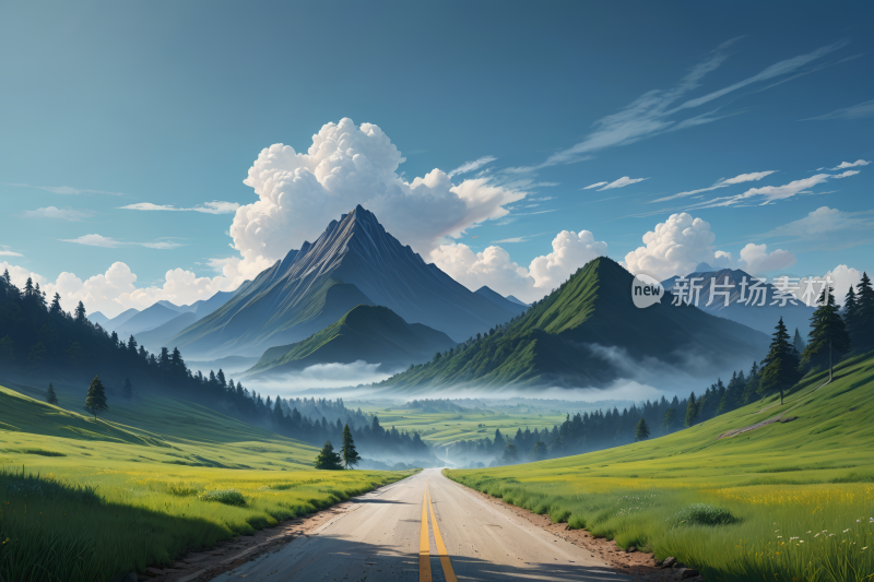 穿过山谷的道路的高清风景插画图片