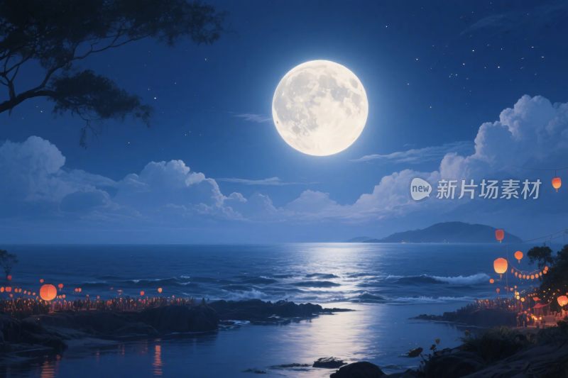 夜晚海岸满月夜景