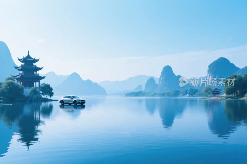 山水古塔湖景图