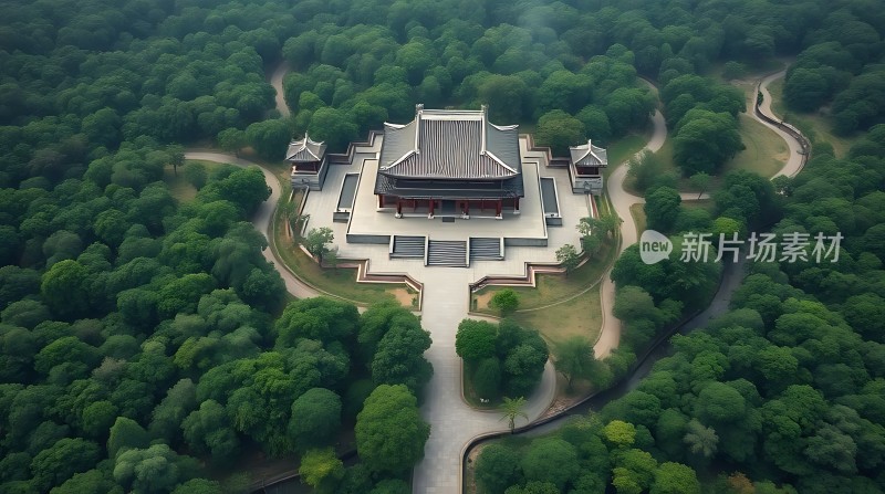 古建筑绿树环绕空中俯瞰
