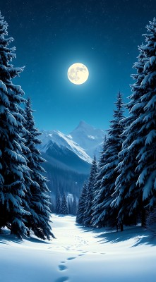 雪夜月下静谧山林