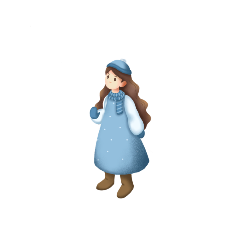 冬天带手套帽子围巾的蓝色衣服小女孩站姿