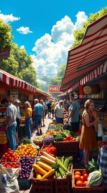 阳光下的蔬果集市色彩缤纷的蔬菜水果热闹非凡的市场场景