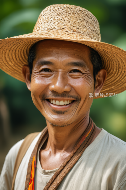 戴着草帽和棕色衬衫的微笑男子高清图片