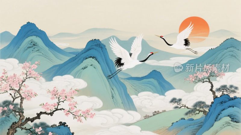 山水间双鹤伴日飞翔图景
