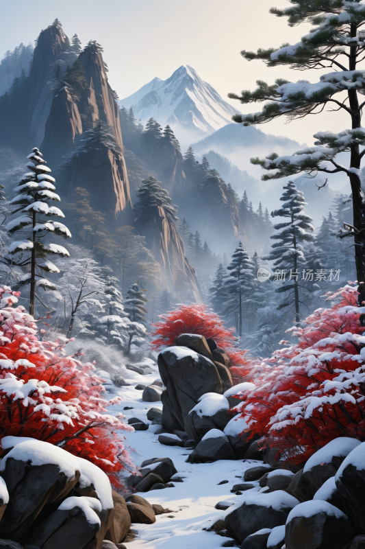 雪景山红树红高清插画图片