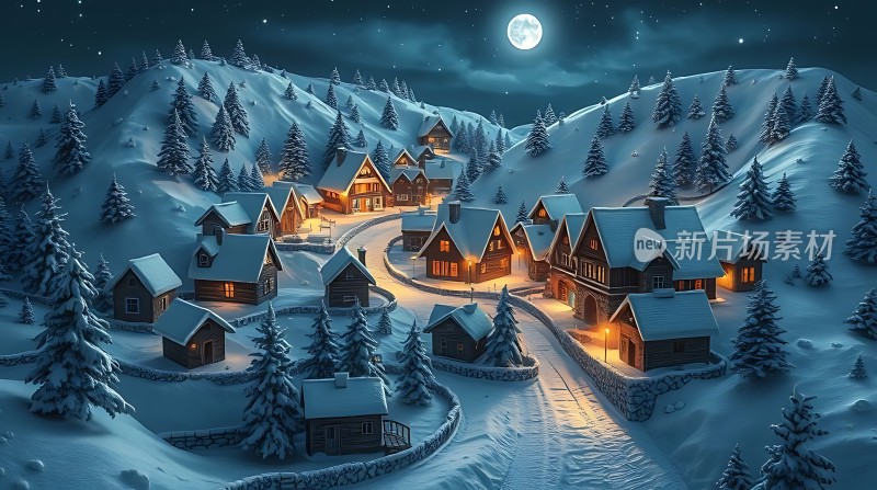 雪夜村庄月光下的温馨小屋