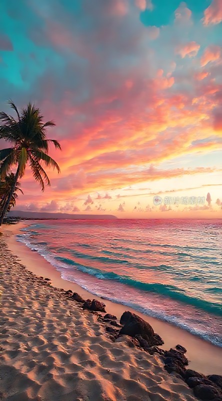 椰林晚霞映碧波