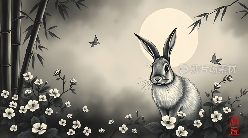 竹影花丛中的白兔