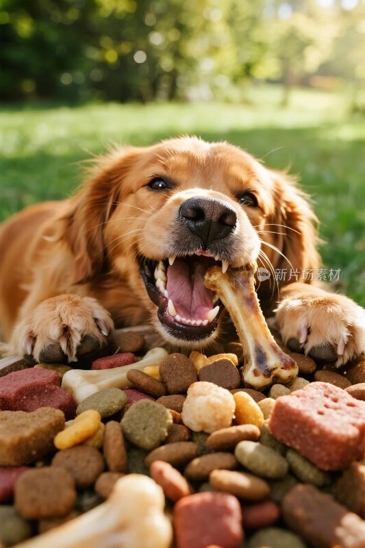 金毛犬开心啃骨头吃狗粮