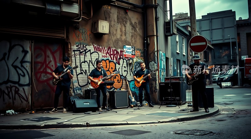 街头乐队激情演奏涂鸦墙背景下的音乐盛宴