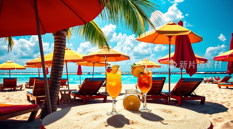 阳光沙滩上的夏日饮品