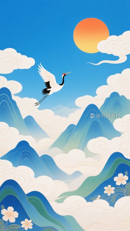 飞鹤伴日于山水间的美景