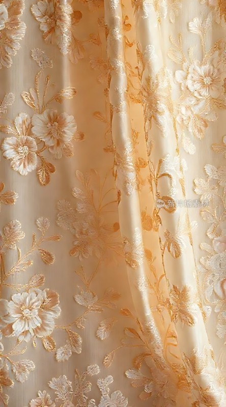 金色花卉刺绣布料细节展示