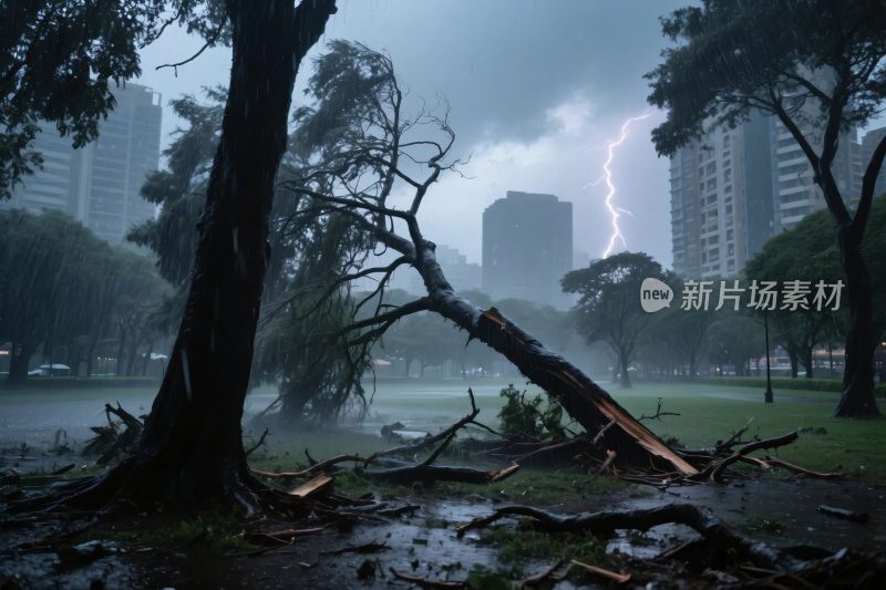 暴风雨中的城市树木