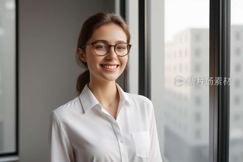 戴着眼镜的微笑女人穿着白衬衫站在窗边图片