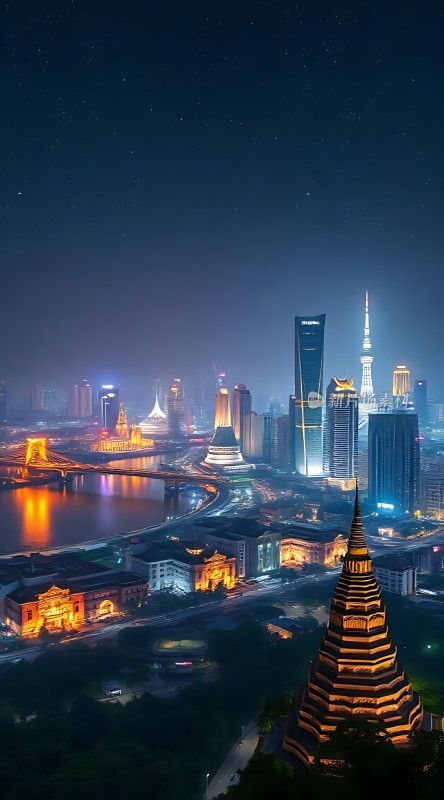 上海夜景黄浦江畔灯火辉煌东方明珠塔高耸入云